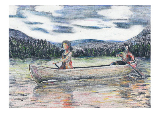 Two in a Canoe. Coloured pencil on textured paper