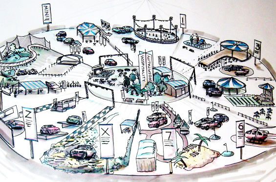 BMW. Scamp layouts / idea conception for O2 exhibition. Marker and pen visual (specific request for presentation in these mediums