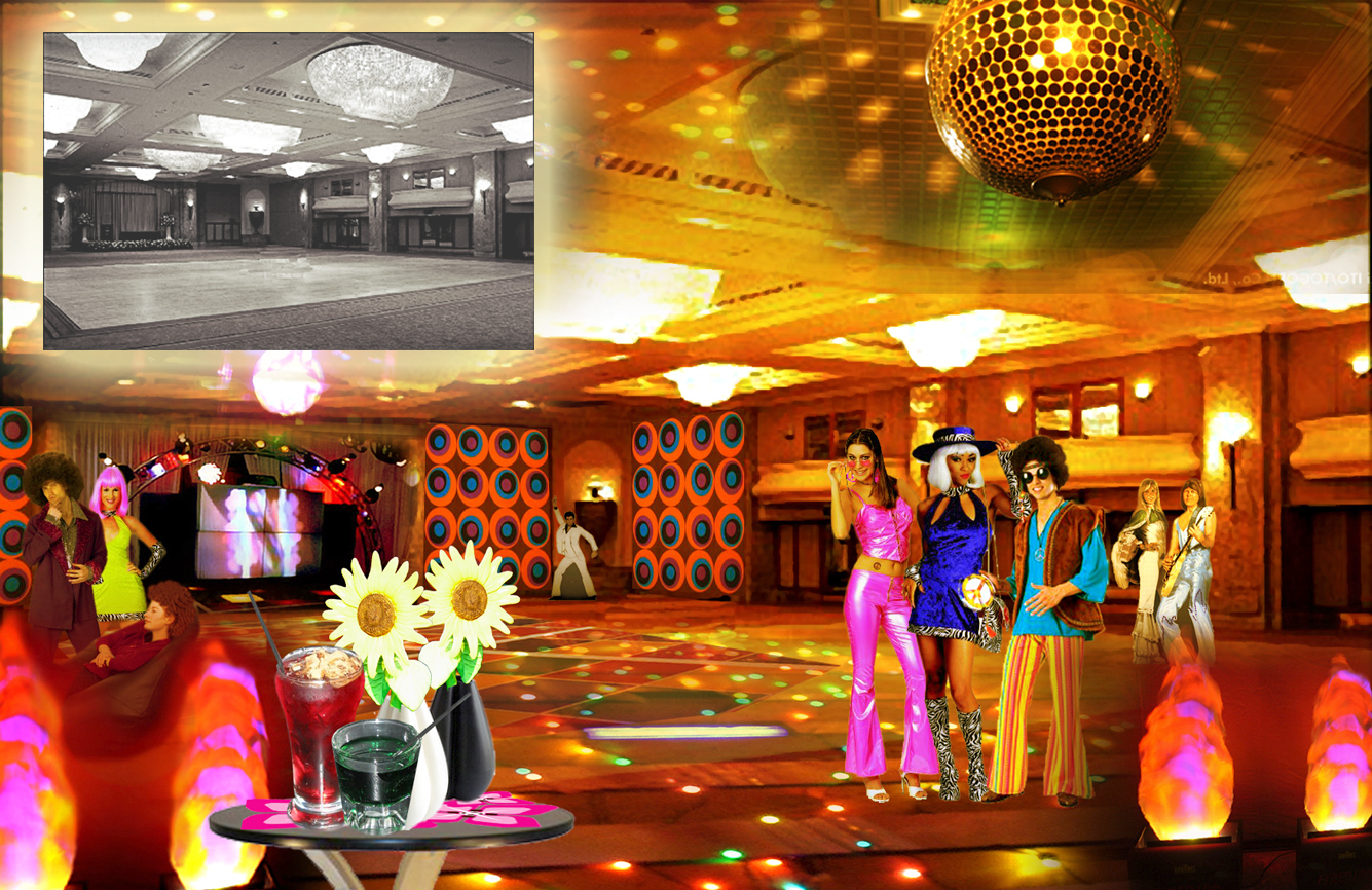 Room transformation visual from dull ballroom to 70's theme dance floor. Before and after. 