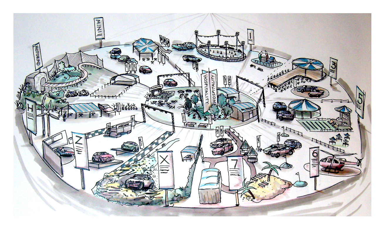 Freeflowing marker pen sketch of trade exhibition stand