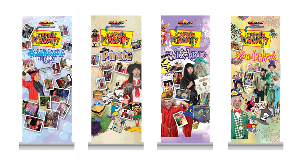 Bespoke Illustration, design and typography pull-up banners for children's entertainer