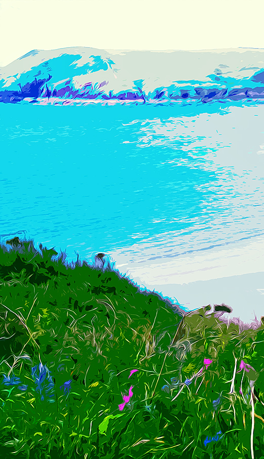 Stylised shoreline with cliff in high contrasting colours