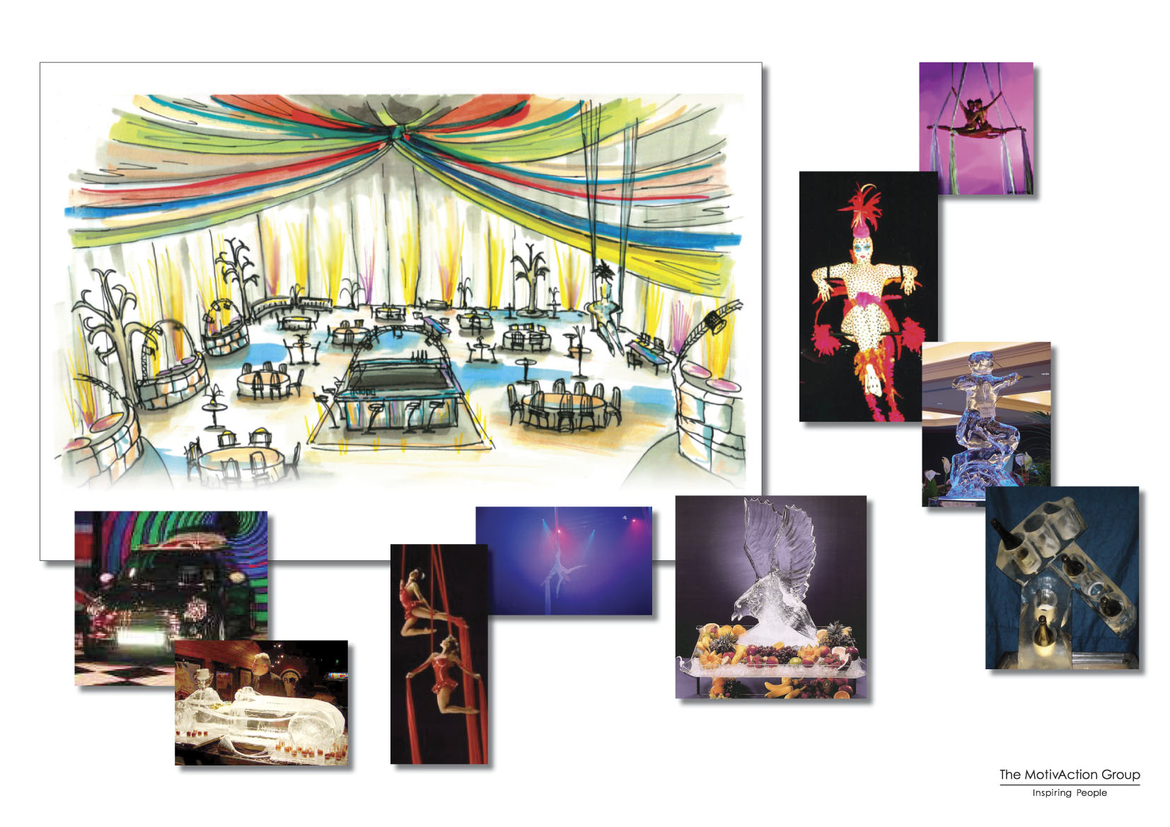 Hand sketched and digital images representing a burlesque themed night