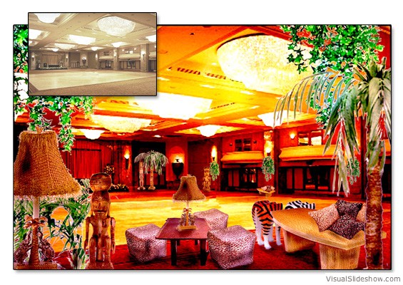 Jungle themed ballroom showing before and after visualisation