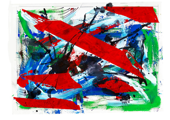 Abstract media using red tape and guache