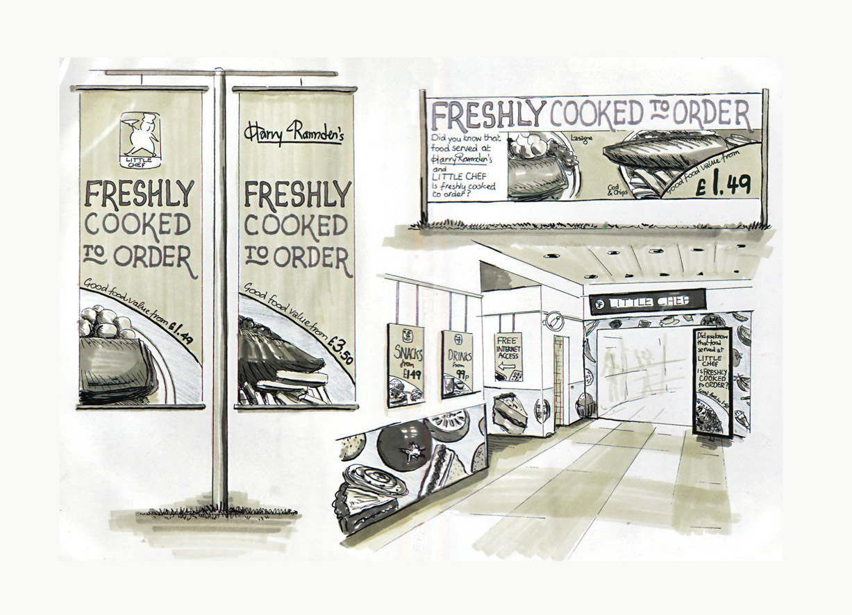 Marker pen sketch of graphics at motorway service station